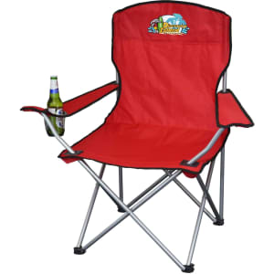 A red folding outdoor chair featuring armrests and a drink holder, with a logo on the backrest.