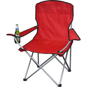 A red folding chair with armrests and a drink bottle holder, featuring a silver frame. It has a logo on the fabric.