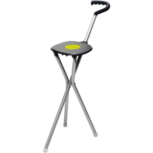 A lightweight, silver folding seat with a black seat and handle, featuring a logo on the top.