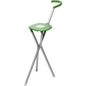 A green folding chair with a handle and silver legs, featuring a simple design and a logo.