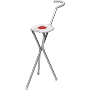 A folding sport seat in white with a silver frame, featuring a handle for easy carrying.