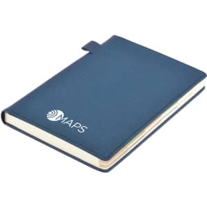 A navy blue A5 notebook with a textured cover and a logo on the front.