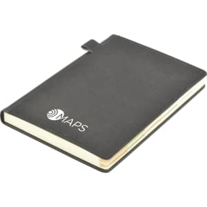A grey A5 notebook with a textured cover and a logo on the front, featuring a ribbon bookmark.