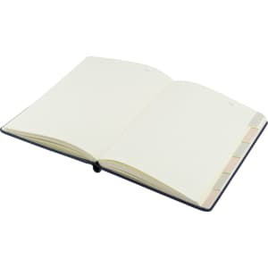 A navy Tab Deluxe A5 notebook with blank lined pages and pastel index tabs. Features a branding logo on the cover.