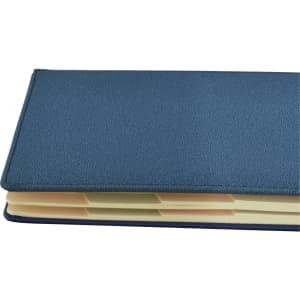 A blue A5 notebook with a textured cover and multiple internal sections. Features a logo on the cover.