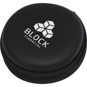 A round black case with a zip, featuring a logo on the front. The case is compact and designed for storing items.