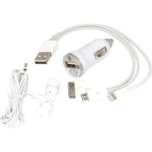 A white car charger with a USB port, a pair of white earbuds, and a charging cable with multiple connectors.
