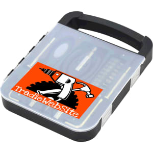 A compact tool kit in black and transparent casing featuring various tools and a logo on the lid.