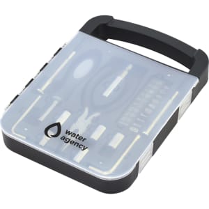 A transparent tool kit case with various tools inside, featuring a black handle and a logo on the front.
