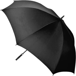 A black auto golf umbrella with a sturdy handle and an overall sleek design. It features a logo on the handle.