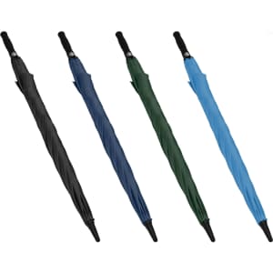 A set of four auto golf umbrellas in black, navy, green, and blue, featuring curved handles and a branded logo.
