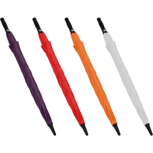 A set of four auto golf umbrellas in purple, red, orange, and white colours, each with a black handle and a logo.