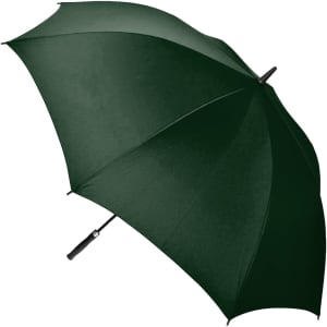 A green auto golf umbrella with a curved handle and a simple design, featuring a logo.