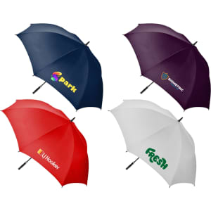 A collection of four golf umbrellas in navy, maroon, red, and white, each featuring a logo.