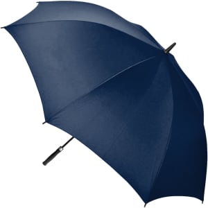 A navy blue auto golf umbrella with a comfortable handle and a logo on the canopy.