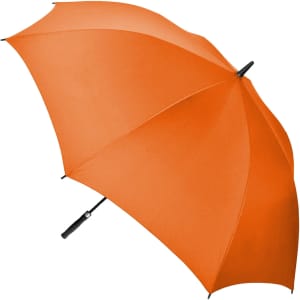An orange auto golf umbrella with a black handle and a simple design, featuring a logo.