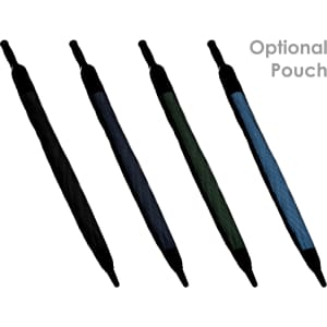 A set of four "Promo 30" Auto Golf Umbrellas in black, dark green, blue, and striped designs. Each umbrella features a handle and has a pouch option.
