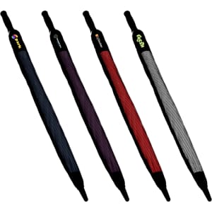 A set of four auto golf umbrellas in black, purple, red, and white, each with a logo on the handle.