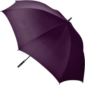 A dark purple auto golf umbrella with a black handle and a logo. Ideal for protection against rain and sun.