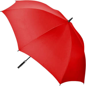 A red auto golf umbrella with a black handle and a simple design. It features a logo on the handle.