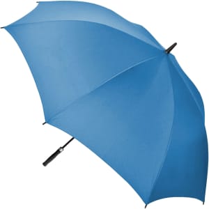 A blue golf umbrella with a black handle and a logo is prominently displayed against a plain background.