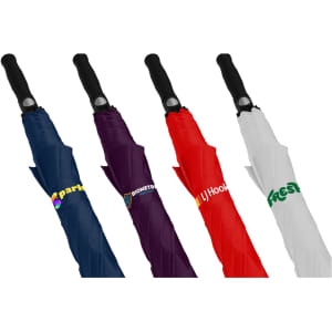 A set of four auto golf umbrellas in navy, purple, red, and white, each featuring a logo on the canopy.