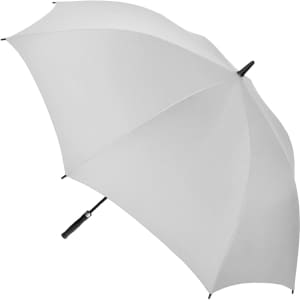 A white auto golf umbrella with a black handle and a logo on the canopy.