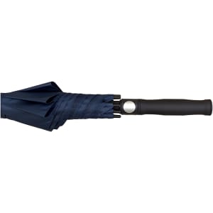 A navy blue auto golf umbrella with a black handle and a logo on the handle.