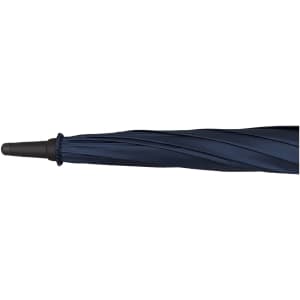 A navy blue auto golf umbrella featuring a curved handle and a textured shaft, with a logo on the fabric.