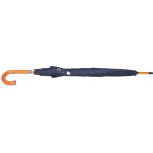 A navy blue umbrella with a curved wooden handle and an open design. It has a logo on the fabric.