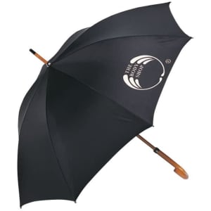 A black umbrella with a curved wooden handle and a logo on the canopy, designed for leisure and outdoors.