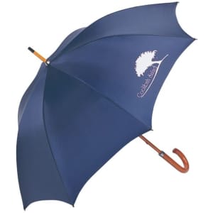 A navy blue umbrella with a wooden handle and a logo. Ideal for leisure and outdoor use.