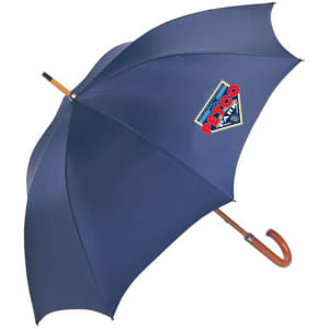 A dark blue umbrella with a wooden handle and a logo on the canopy.