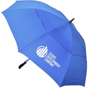 A blue auto golf umbrella featuring a logo, designed for outdoor use.