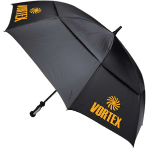 A black auto golf umbrella featuring a logo and a stylish, curved handle.