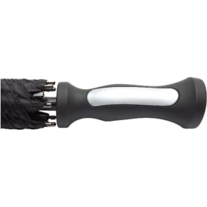 A black golf umbrella with a sturdy handle, featuring a textured grip and metal components.