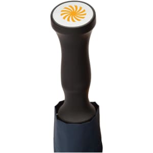 A black and navy auto golf umbrella featuring a circular handle with a logo design on top.