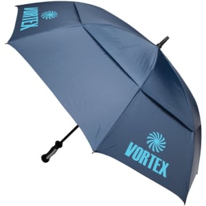 A navy blue auto golf umbrella with a black handle and a logo on the canopy.