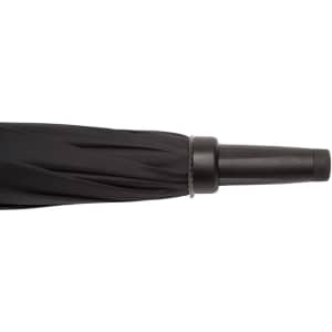 A black auto golf umbrella with a streamlined design and a black handle. It features a subtle branding detail.