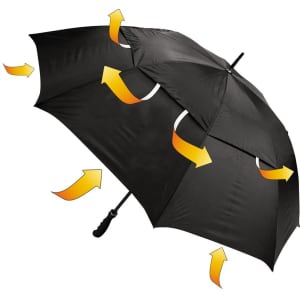 A black auto golf umbrella featuring a unique design with arrows indicating airflow. Includes a logo.
