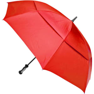A red auto golf umbrella with a black handle and a branding logo.