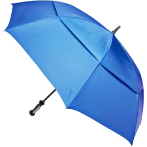 A blue auto golf umbrella with a black handle and a logo on the shaft, designed for leisure and outdoor use.