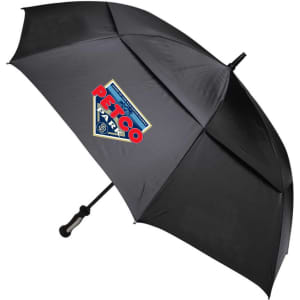 A black auto golf umbrella with a logo on the fabric. It features a curved handle for easy grip.