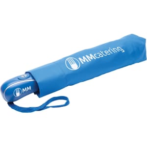 A blue auto open/close umbrella with a matching protective cover and a logo.
