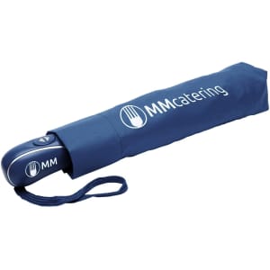 A navy umbrella with an auto open/close mechanism, featuring a branding logo on its sleeve.