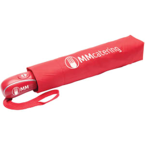 A red automatic open/close umbrella with a matching red sleeve and branding.