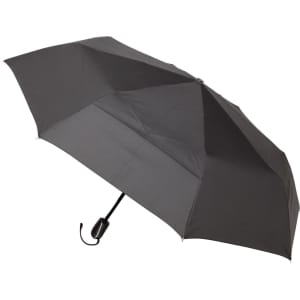 A black umbrella with an automatic open and close feature, featuring a curved handle and a brand logo.