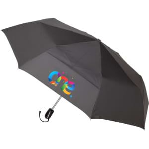 A black auto open/close umbrella with a colourful logo printed on the canopy.