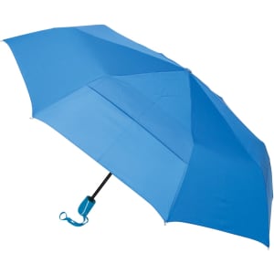 A blue umbrella with an automatic open/close feature and a matching handle. It features a logo on the handle.