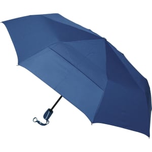 A navy blue auto open/close umbrella with a straight handle and a simple design, featuring a logo on the handle.